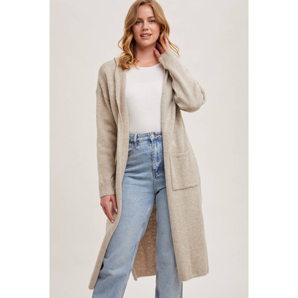 Longline Hoodie Drape Open Front Cardigan Coatigan Oatmeal